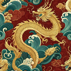 Fototapeta premium Golden Dragon Dance: Majestic Chinese New Year Fabric Pattern