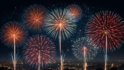 Obraz premium Colorful fireworks exploding in the dark night sky over a calm river during a year 2025 celebration