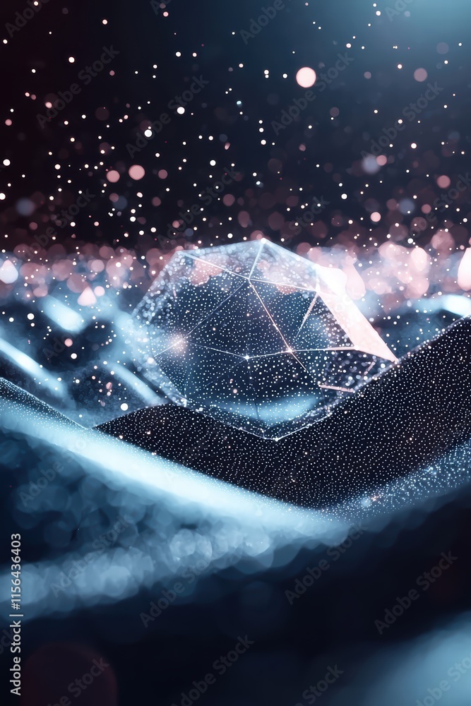 Poster abstract geometric shape with glowing particles in soft background