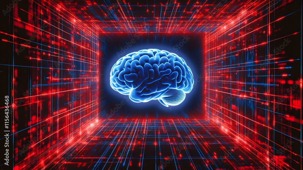 Poster digital brain within a network of red and blue lines