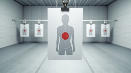 Modern Indoor Shooting Range With Focused View of Human Silhouette Target