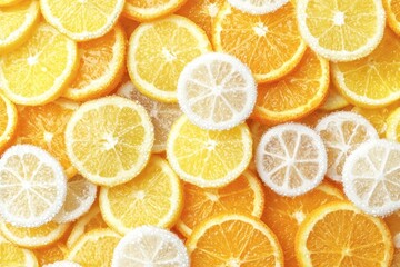Freshly Sliced Citrus Fruits with Sugar on a Bright Background