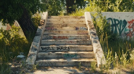 Overgrown concrete steps leading upwards with graffiti, conveying a sense of abandonment and mystery