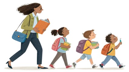 Fototapeta premium Teacher and kids in a line, carrying school bags and supplies, cheerful illustration on white. 