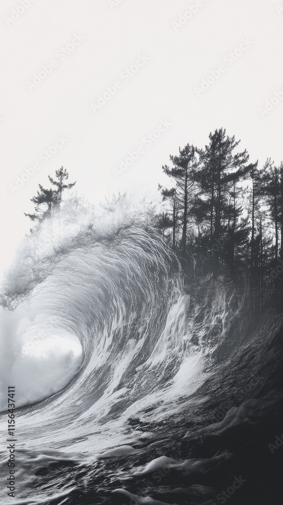 Poster a wave crashing into a forest with trees in the background. scene is calm and peaceful, as the trees