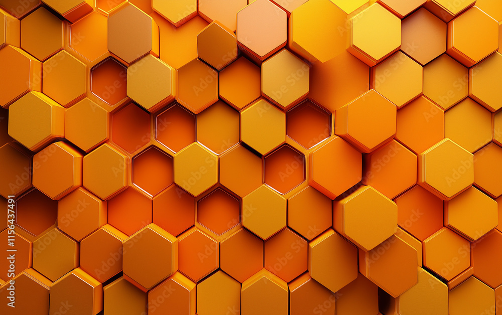 Poster honeycomb pattern close-up- golden hexagonal cells filled with thick, caramel-like liquid honey. hyp