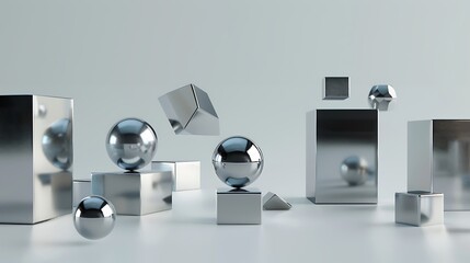 A collection of shiny geometric shapes, including cubes and spheres, drifting in a calm gray space