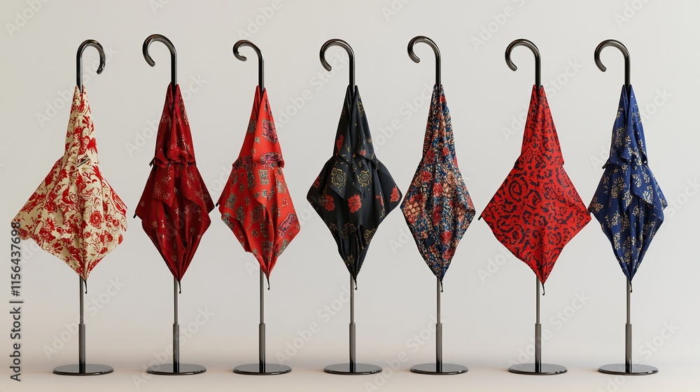 Aufkleber a selection of stylish umbrellas with unique patterns, displayed elegantly on a chrome stand