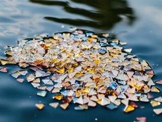 Colorful Shimmering Glass Pieces Floating on Calm Water Surface