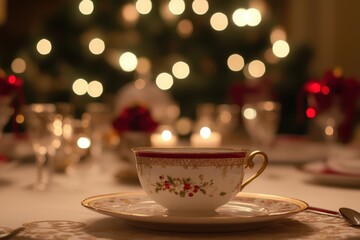 Fototapeta premium Elegant Antique Teacup on Fine China Plate Surrounded by Festive Table Decor and Christmas Tree Lights Creating a Cozy Holiday Atmosphere