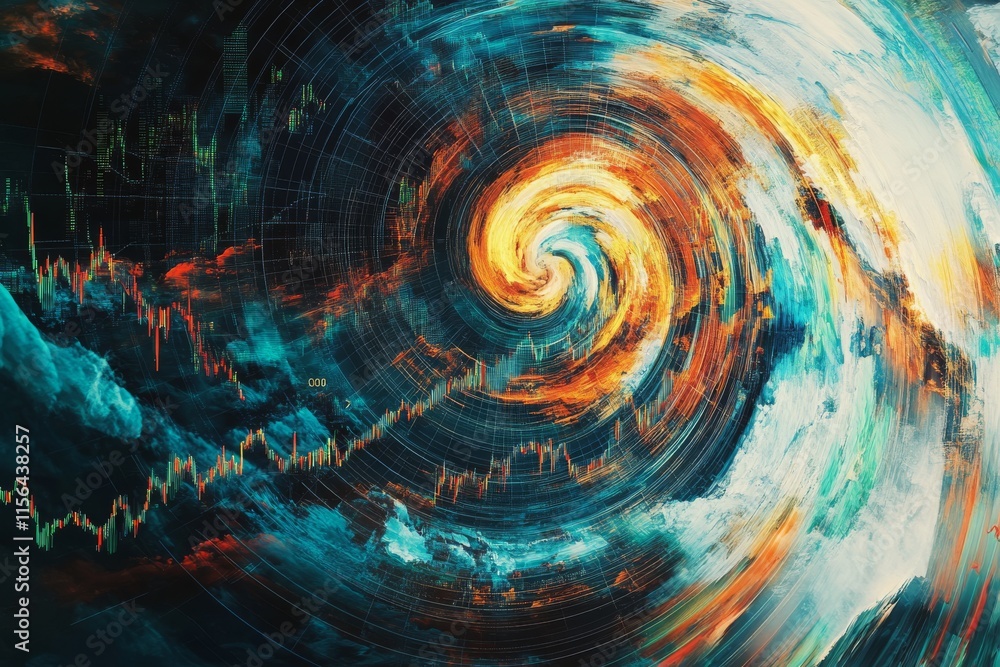 Poster a colorful swirl of light and dark colors. the swirl is made up of many different colors and shapes