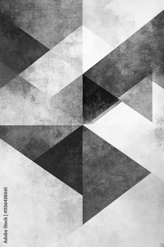 Poster monochrome abstract geometric pattern featuring overlapping triangles and textured background, ideal