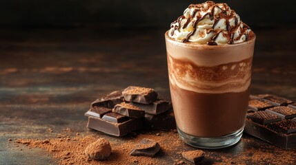 Iced chocolate drink with whipped cream and chocolate shavings on dark background.