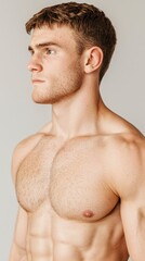 Naklejka premium Muscular Man Strong Physique Athletic Body Fitness Model Male Torso Hairy Chest Port