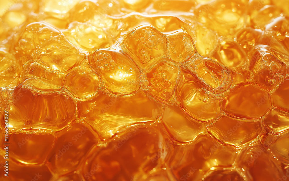 Poster honeycomb pattern close-up- golden hexagonal cells filled with thick, caramel-like liquid honey. hyp