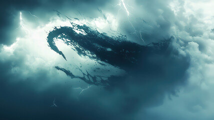 Naklejka premium A massive flying serpent creature with shadowy wings glides through a fierce thunderstorm, its silhouette striking against the backdrop of flashing lightning