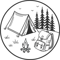 Camping tent in forest Clipart vector illustration in circle