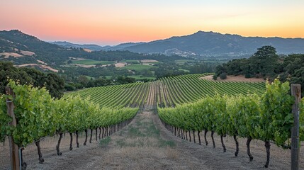 Naklejka premium Vineyard rows at sunset, scenic hills. Ideal for wine, travel, and nature themes; evokes tranquility and harvest.