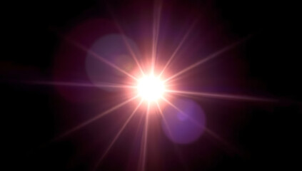 A bright lens flare effect with soft radial light beams and glowing edges, displayed on a solid black background. Perfect for cinematic highlights or enhancing light sources.
