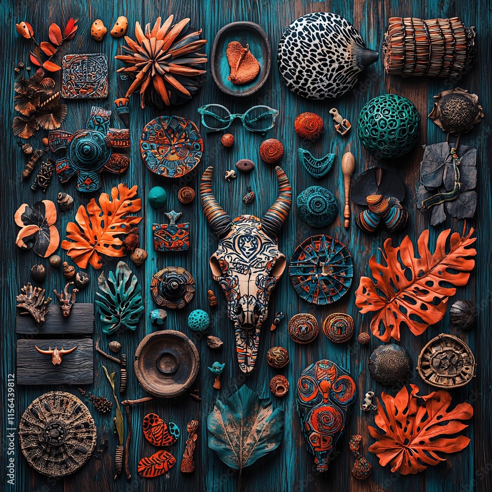 Poster a collection of souvenirs and local artifacts displayed on a wooden table with vibrant cultural patt
