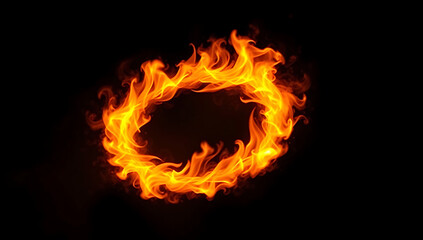 A glowing ring of fire effect with vibrant orange and yellow flames, surrounded by subtle smoke, all on a solid black background. Perfect for fiery compositions.
