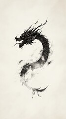 Fototapeta premium Artistic black ink dragon with flowing smoke on a minimalist white background, showcasing intricate details and dynamic movement.