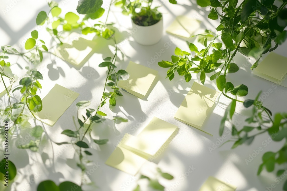 Poster a white table with a bunch of green plants and yellow sticky notes. the sticky notes are in differen