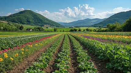 A vibrant flower field with mountains in the background under a bright sky.