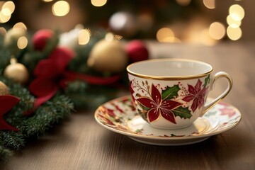 Fototapeta premium Elegant festive cup with floral design surrounded by Christmas decorations and warm bokeh lights, perfect for holiday gatherings and cozy settings