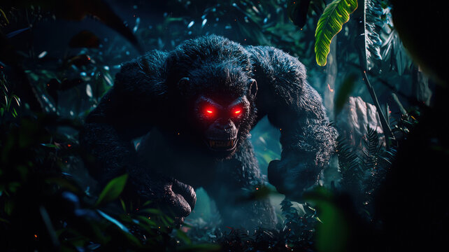 A massive four-armed ape creature with glowing red eyes swings through a dense jungle at dusk, its powerful form silhouetted against the fading light, evoking a sense of mystery and primal energy.