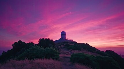Fototapeta premium Observatory on hilltop at vibrant sunset.