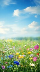 Soft focus spring meadow with colorful wildflowers under gentle sunlight
