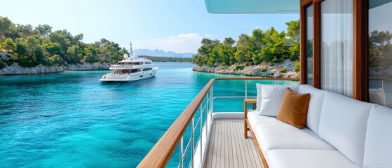 Fototapeta premium Luxury Yacht Cruise Scenic Bay Mediterranean Sea Relaxing Deck