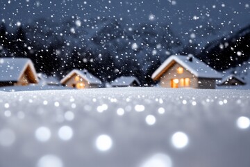Cozy winter scene with snow-covered houses at night.