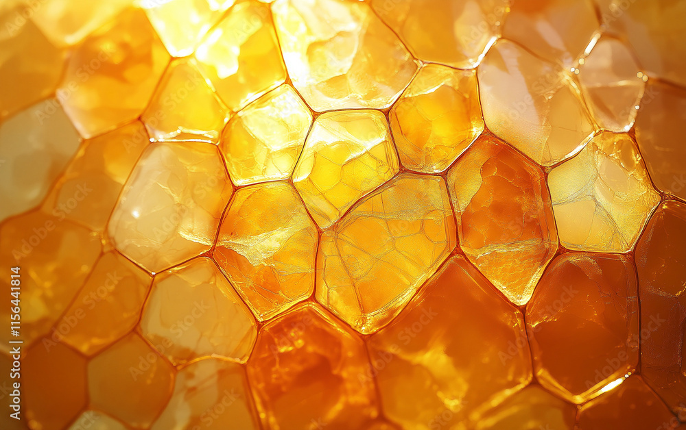 Poster honeycomb pattern close-up- golden hexagonal cells filled with thick, caramel-like liquid honey. hyp