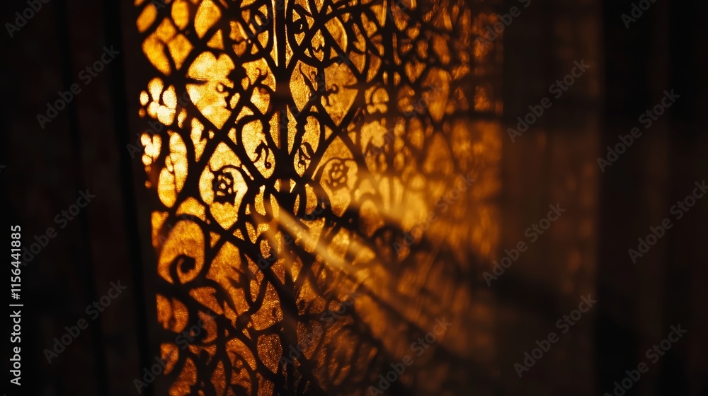 Poster a window with a patterned screen. the sun is shining through the window. the light is casting shadow