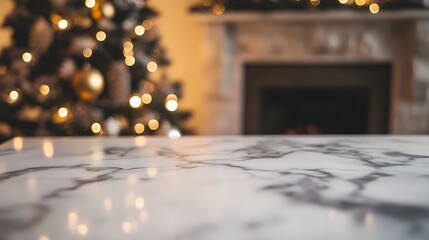 Festive Marble Tabletop Christmas Tree Fireplace Background