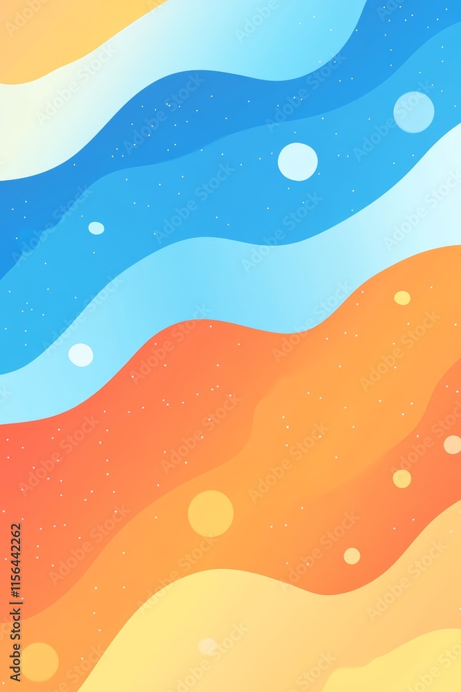 Poster a colorful background with orange and blue waves. there are many small circles scattered throughout 