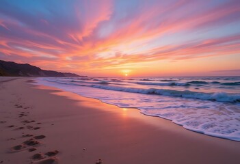 Serene Sunset Beachscape With Gentle Waves Rolling Ashore