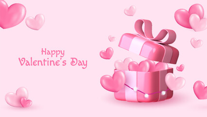 Valentine's Day theme with realistic gift boxes. An open box filled with festive decorations. Ideal for holiday banners, web posters, flyers, elegant brochures, greeting cards, and romantic background