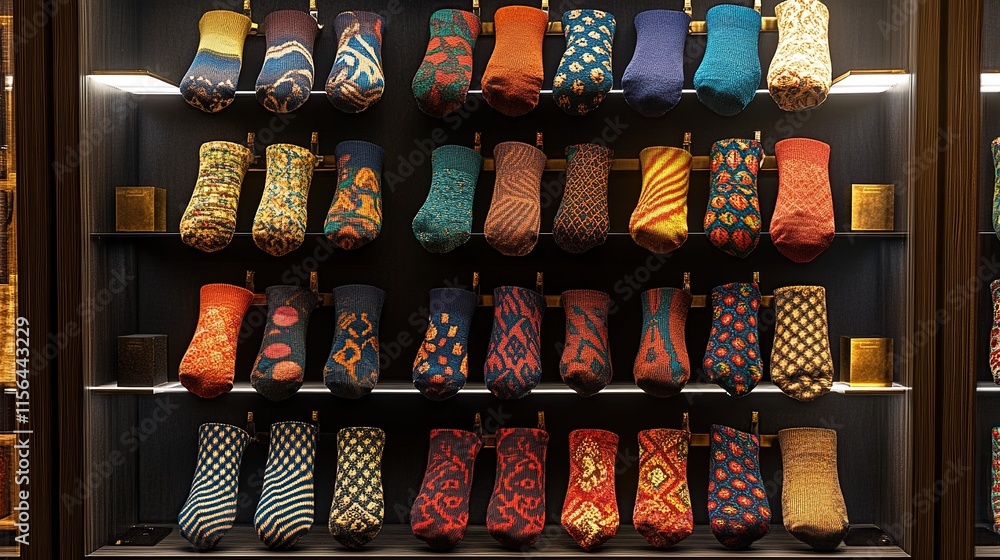 Poster a set of luxury socks in bold patterns and rich colors, neatly stacked on a display shelf in a fashi