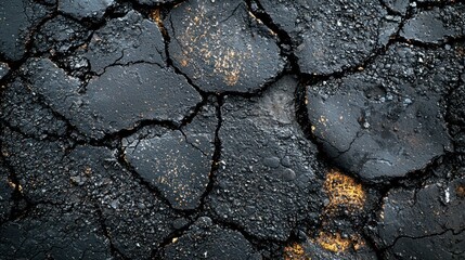Fototapeta premium Abstract texture of cracked black asphalt surface with small particles of gold.