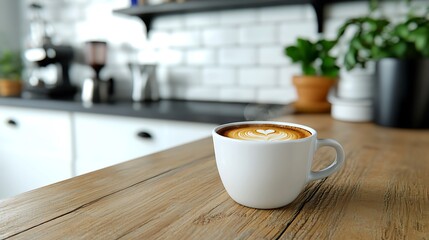 Obraz premium A steaming latte in a white mug sits on a wooden table