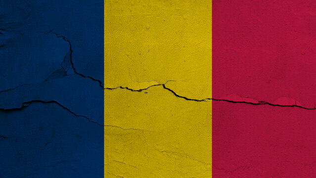 Chad flag on cracked wall background, flag with crack line
