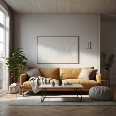 3D-rendered mockup of a bright, modern living space with an empty frame on the wall, surrounded by sleek, minimalistic decor and an abundance of natural light,Generative Ai
