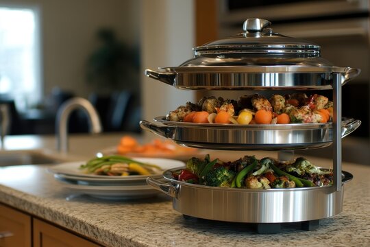 Elegant three-tier food steamer with assorted vegetables and vibrant colorful ingredients, perfect for healthy cooking in modern kitchen setting