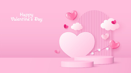 Celebrate Valentine’s Day with a charming podium design adorned with heart shapes. Perfect for showcasing products, cosmetics, advertisements, or awards on a soft pink background. Vector illustration.