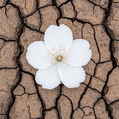 Delicate White Flower on Cracked Earth  Drought  Nature  Resilience  Bloom