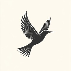 Fototapeta premium Black bird flying diagonally, wings extended, on beige background.