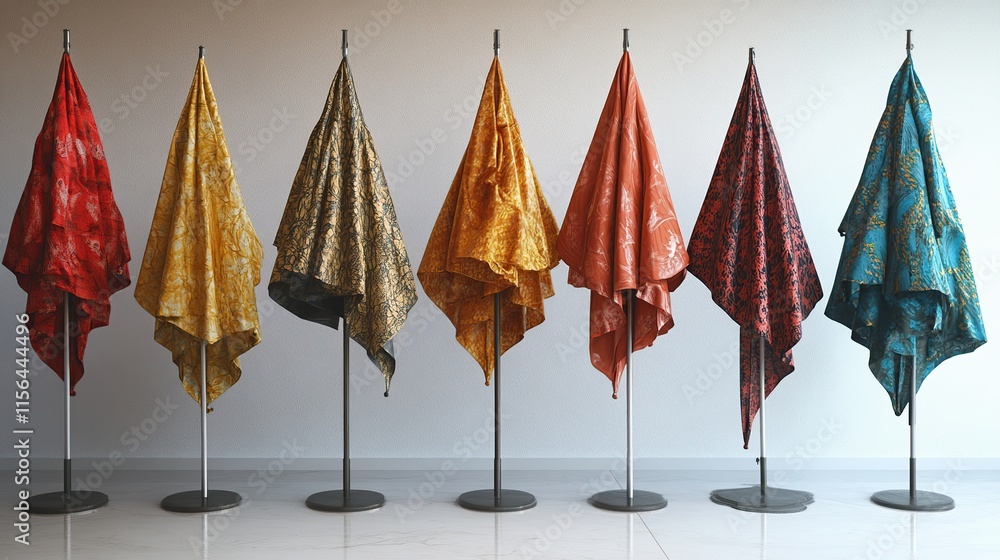 Poster a set of stylish, high-end umbrellas with unique patterns and colors, elegantly displayed on a metal